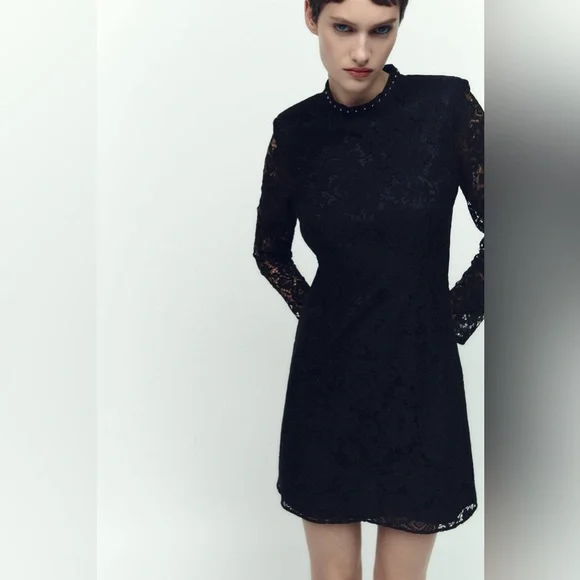 Zara | Dresses | Zara Lace Dress With Studded Neckline | Poshmark